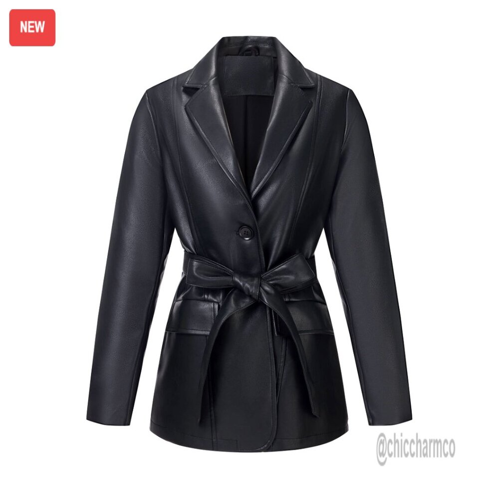 Faux Leather Blazer Jacket Vegan Pleather Soft Casual Lapel Button Down Coat